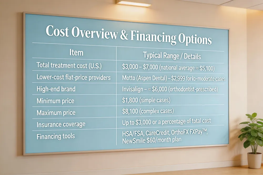 Cost Overview & Financing Options
| Item | Typical Range / Details |
|---|---|
| Total treatment cost (U.S.) | $3,000 – $7,000 (national average ≈ $5,100) |
| Lower‑cost flat‑price providers | Motto (Aspen Dental) – $2,999 for mild‑to‑moderate cases |
| High‑end brand | Invisalign – ≈ $6,000 (orthodontist‑prescribed) |
| Minimum price | $1,800 (simple cases) |
| Maximum price | $8,100 (complex cases) |
| Insurance coverage | Up to $3,000 or a percentage of total cost |
| Financing tools | HSA/FSA, CareCredit, OrthoFX FXPay™, NewSmile $60/month plan |
| 