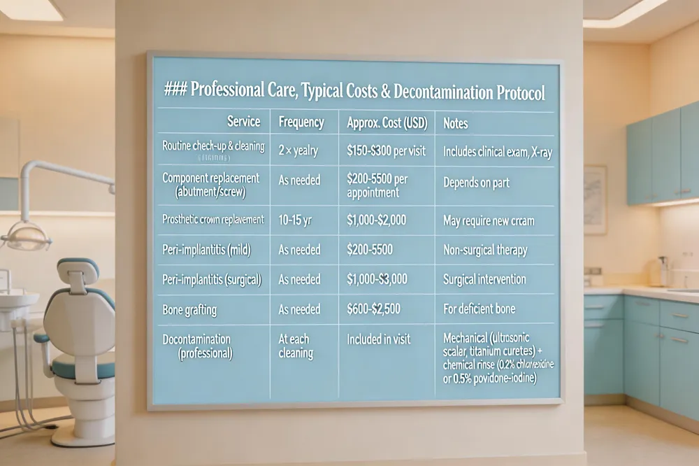 ### Professional Care, Typical Costs & Decontamination Protocol
| Service | Frequency | Approx. Cost (USD) | Notes |
|---|---|---|---|
| Routine check‑up & cleaning | 2 × yearly | $150‑$300 per visit | Includes clinical exam, X‑ray |
| Component replacement (abutment/screw) | As needed | $200‑$500 per appointment | Depends on part |
| Prosthetic crown replacement | 10‑15 yr | $1,000‑$2,000 | May require new crown |
| Peri‑implantitis (mild) | As needed | $200‑$500 | Non‑surgical therapy |
| Peri‑implantitis (surgical) | As needed | $1,000‑$3,000 | Surgical intervention |
| Bone grafting | As needed | $600‑$2,500 | For deficient bone |
| Decontamination (professional) | At each cleaning | Included in visit | Mechanical (ultrasonic scaler, titanium curettes) + chemical rinse (0.2 % chlorhexidine or 0.5 % povidone‑iodine) |
| 