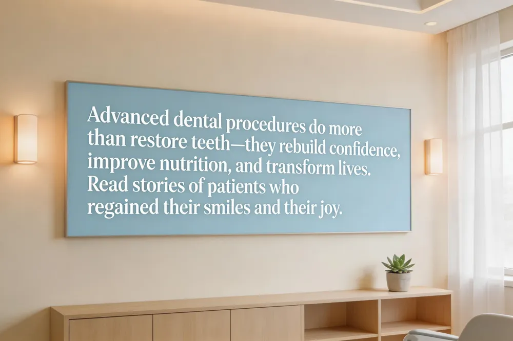 Advanced dental procedures do more than restore teeth—they rebuild confidence, improve nutrition, and transform lives. Read stories of patients who regained their smiles and their joy.