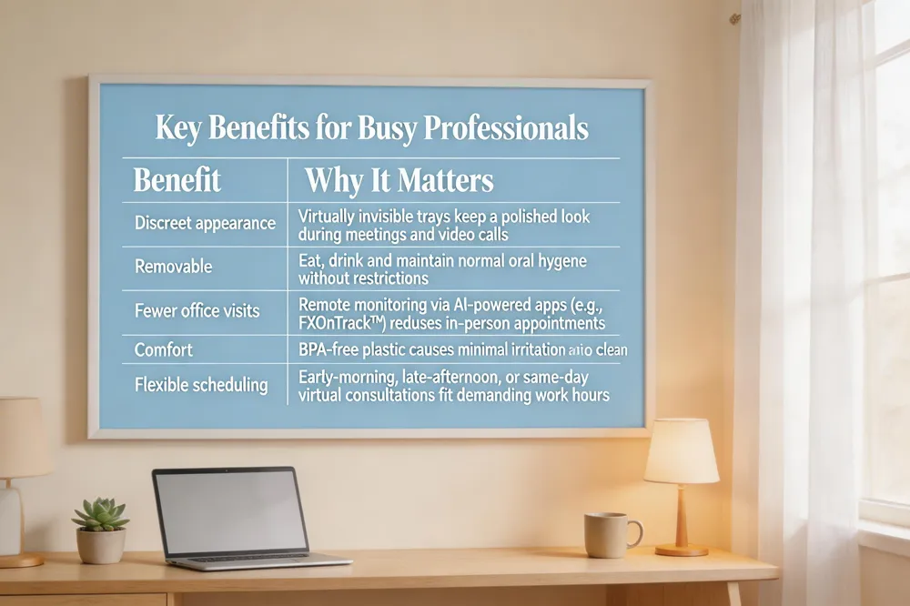 Key Benefits for Busy Professionals
| Benefit | Why It Matters |
|---|---|
| Discreet appearance | Virtually invisible trays keep a polished look during meetings and video calls |
| Removable | Eat, drink and maintain normal oral hygiene without restrictions |
| Fewer office visits | Remote monitoring via AI‑powered apps (e.g., FXOnTrack™) reduces in‑person appointments |
| Comfort | BPA‑free plastic causes minimal irritation and is easy to clean |
| Flexible scheduling | Early‑morning, late‑afternoon, or same‑day virtual consultations fit demanding work hours |
| 