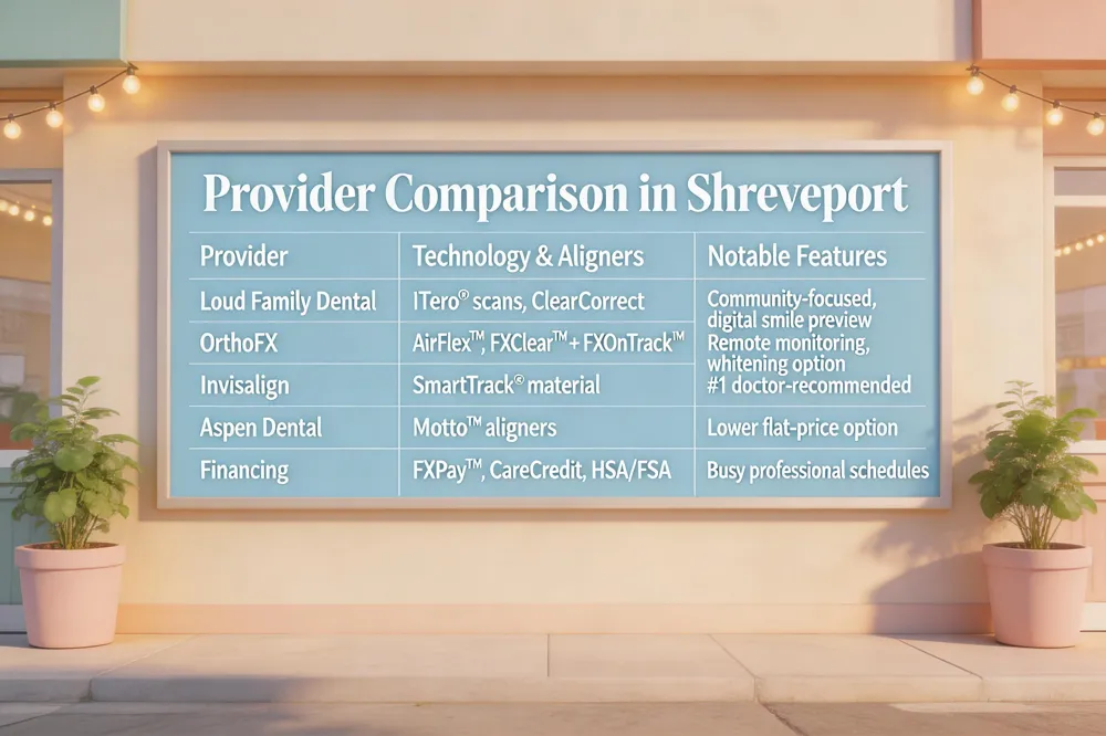 Provider Comparison in Shreveport
| Provider | Technology & Aligners | Notable Features |
|---|---|---|
| Loud Family Dental | iTero® scans, ClearCorrect aligners | Community‑focused, digital preview of final smile |
| OrthoFX | AirFlex™, FXClear™, FXBright™ + AI‑powered FXOnTrack™ | Remote monitoring, flexible wear times, whitening option |
| Invisalign (various offices) | SmartTrack® material | #1 doctor‑recommended, wide case range |
| Aspen Dental (Motto) | Motto™ aligners | Lower flat‑price option, transparent removable trays |
| Financing & Convenience | FXPay™, CareCredit, HSA/FSA, virtual consults, extended hours | Tailored to busy professionals’ schedules and budgets |
| 