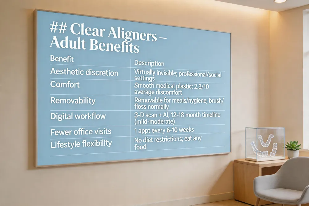 ### Clear Aligners – Adult Benefits
| Benefit | Description |
|---|---|
| Aesthetic discretion | Virtually invisible; ideal for professional and social settings. |
| Comfort | Smooth, medical‑grade plastic eliminates bracket irritation; average discomfort score 2.3/10. |
| Removability | Can be taken out for meals and oral hygiene, allowing normal brushing/ flossing. |
| Digital workflow | 3‑D scanning & AI‑powered planning gives predictable 12‑18 12 timeline for mild‑to‑moderate cases. |
| Fewer office visits | Typically one appointment every 6‑10 weeks. |
| Lifestyle flexibility | No dietary restrictions; patients can eat any food. |
| 