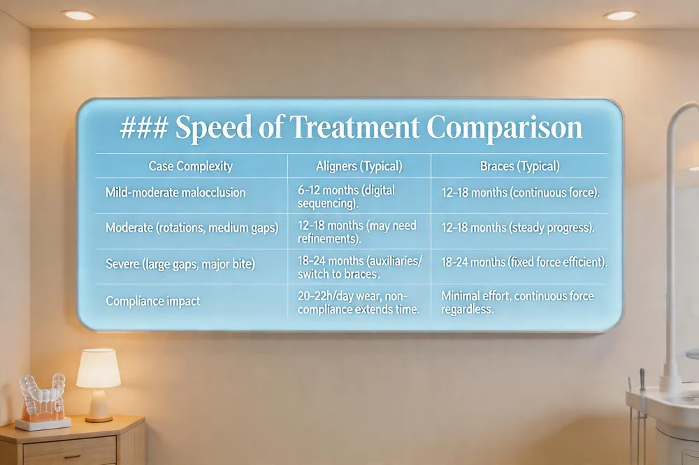 ### Speed of Treatment Comparison
| Case Complexity | Aligners (Typical) | Braces (Typical) |
|---|---|---|
| Mild‑moderate malocclusion | 6‑12 months (digital sequencing). | 12‑18 months (continuous force). |
| Moderate (some rotations, medium gaps) | 12‑18 months (may need refinements). | 12‑18 months (steady progress). |
| Severe (large gaps, major bite, complex rotations) | 18‑24 months **often requires auxiliaries or switch to braces). | 18‑24 months (more efficient due to fixed force). |
| Compliance impact | Highly dependent on 20‑22 h/day wear; non‑compliance extends time. | Minimal patient effort; continuous force irrespective of compliance. |
| 