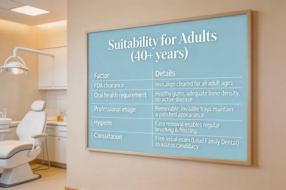 Suitability for Adults (40+ years)
| Factor | Details |
|---|---|
| FDA clearance | Invisalign cleared for all adult ages |
| Oral health requirement | Healthy gums, adequate bone density, no active disease |
| Professional image | Removable, invisible trays maintain a polished appearance |
| Hygiene | Easy removal enables regular brushing & flossing |
| Consultation | Free initial exam (e.g., Loud Family Dental) to assess candidacy |
| 