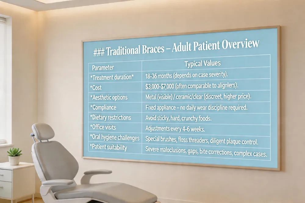 ### Traditional Braces – Adult Patient Overview
| Parameter | Typical Values |
|---|---|
| Treatment duration | 18‑36 months (depends on case severity). |
| Cost | $3,000‑$7,000 (often comparable to aligners). |
| Aesthetic options | Metal (most visible) or ceramic/clear brackets (more discreet, higher price). |
| Compliance | Fixed appliance – no daily wear discipline required. |
| Dietary restrictions | Must avoid sticky, hard, and very crunchy foods. |
| Office visits | Regular adjustments every 4‑6 weeks. |
| Oral hygiene challenges | Requires special brushes, floss threaders, and diligent plaque control. |
| Patient suitability | Ideal for severe malocclusions, large gaps, major bite corrections, and complex rotations. |
| 