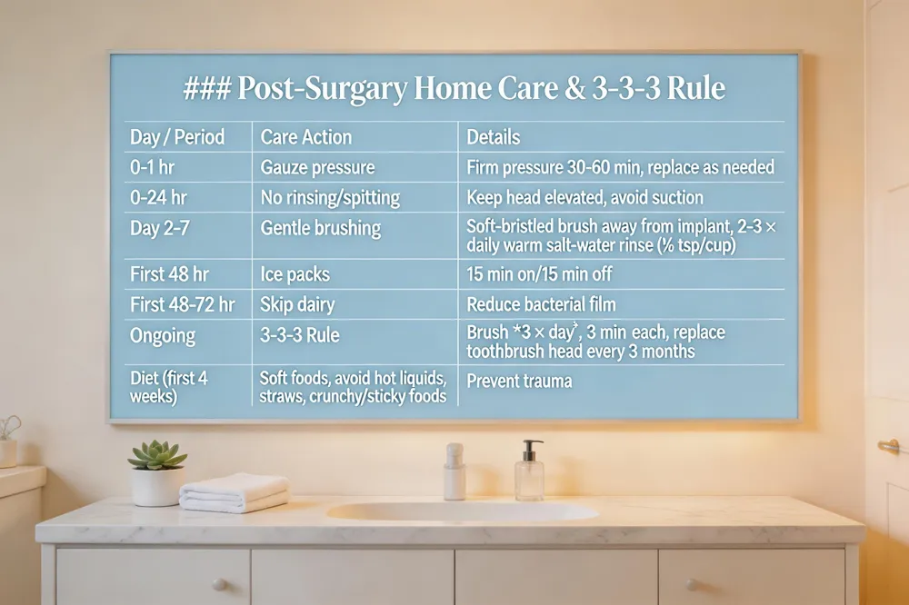 ### Post‑Surgery Home Care & 3‑3‑3 Rule
| Day / Period | Care Action | Details |
|---|---|---|
| 0‑1 hr | Gauze pressure | Firm pressure 30‑60 min; replace as needed |
| 0‑24 hr | No rinsing/spitting | Keep head elevated, avoid suction |
| Day 2‑7 | Gentle brushing | Soft‑bristled brush away from implant, 2‑3 × daily warm salt‑water rinse (½ tsp/cup) |
| First 48 hr | Ice packs | 15 min on/15 min off |
| First 48‑72 hr | Skip dairy | Reduce bacterial film |
| Ongoing | 3‑3‑3 Rule | Brush 3 × day, 3 min each, replace toothbrush head every 3 months |
| Diet (first 4 weeks) | Soft foods, avoid hot liquids, straws, crunchy/sticky foods | Prevent trauma |
| 