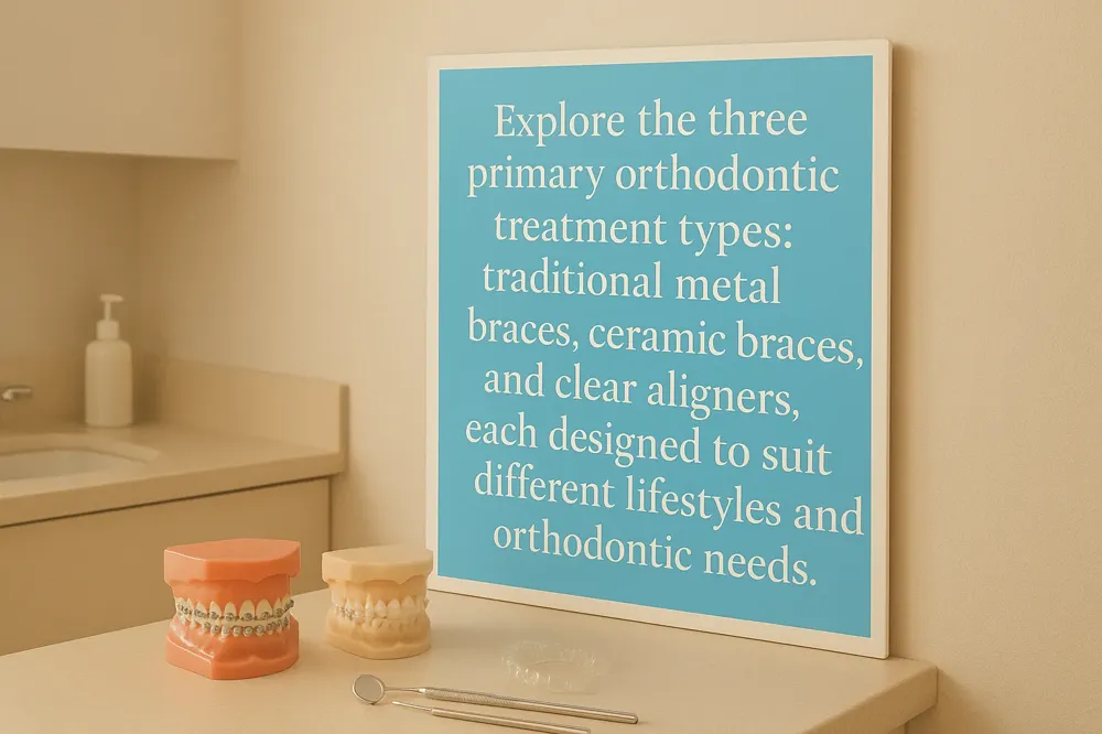 Explore the three primary orthodontic treatment types: traditional metal braces, ceramic braces, and clear aligners, each designed to suit different lifestyles and orthodontic needs.