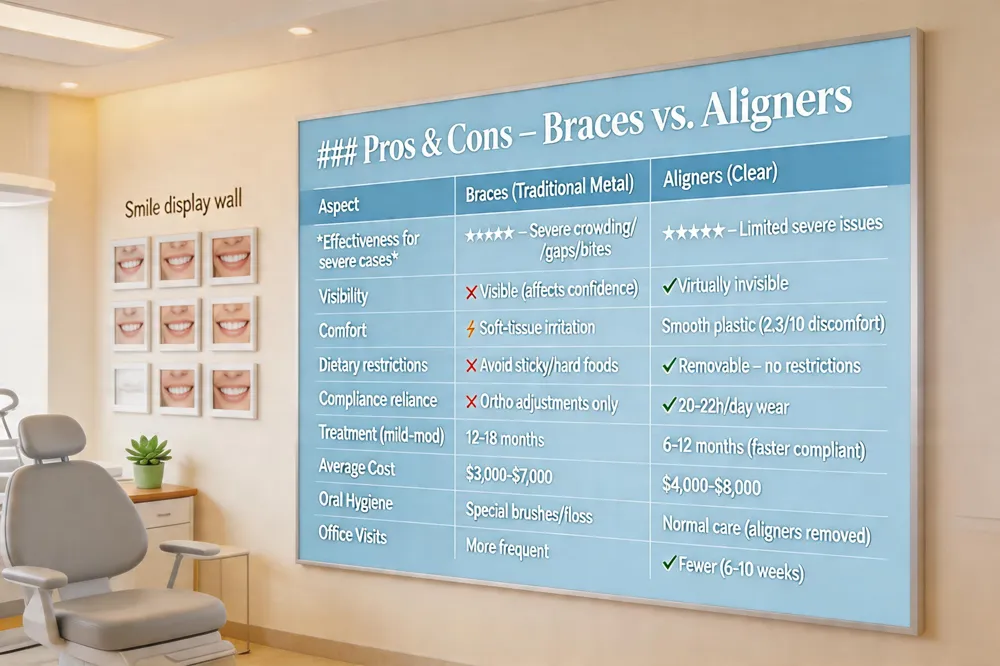 ### Pros & Cons – Braces vs. Aligners
| Aspect | Braces (Traditional Metal) | Aligners (Clear) |
|---|---|---|
| Effectiveness for severe cases | ★★★★★ – Handles severe crowding, large gaps, complex bite corrections with continuous force. | ★★☆☆☆ – Limited for severe rotations, large gaps, or complex bite issues. |
| Visibility | ❌ Visible; can affect self‑confidence. | ✅ Virtually invisible. |
| Comfort | ⚡ May cause soft‑tissue irritation from brackets/wires. | ✅ Smooth plastic; lower discomfort scores (2.3/10). |
| Dietary restrictions | ❌ Must avoid sticky, hard foods. | ✅ Removable—no restrictions. |
| Compliance reliance | ❌ Relies on orthodontist adjustments only; no daily patient effort. | ✅ Requires 20‑22 h/day wear; non‑compliance can extend treatment. |
| Treatment duration (mild‑moderate) | 12‑18 months. | 6‑12 months (faster if compliant). |
| Cost (average) | $3,000‑$7,000. | $4,000‑$8,000 (often slightly higher). |
| Oral hygiene | Requires special brushes & floss threaders. | Normal brushing/flossing while aligners are removed. |
| n **** | ulatory ❌ Fewer in‑office visits. | ✅ Fewer visits (every 6‑10 weeks). |
| ** | Hygiene | |
| 