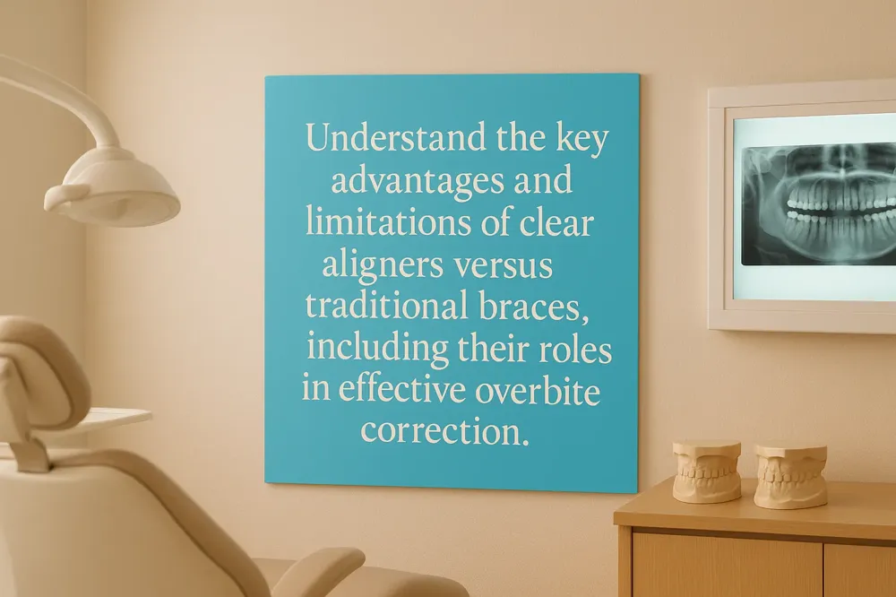 Understand the key advantages and limitations of clear aligners versus traditional braces, including their roles in effective overbite correction.
