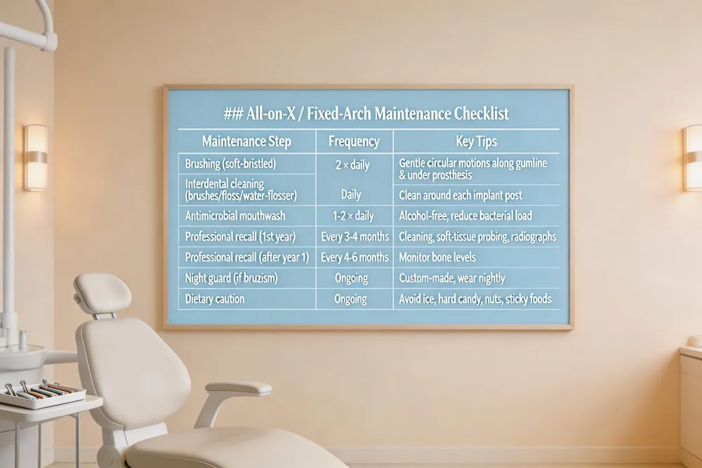 ### All‑on‑X / Fixed‑Arch Maintenance Checklist
| Maintenance Step | Frequency | Key Tips |
|---|---|---|
| Brushing (soft‑bristled) | 2 × daily | Gentle circular motions along gumline & under prosthesis |
| Interdental cleaning (brushes, unwaxed floss tape, water‑flosser) | Daily | Clean around each implant post |
| Antimicrobial mouthwash | 1‑2 × daily | Alcohol‑free, to reduce bacterial load |
| Professional recall (first year) | Every 3‑4 months | Cleaning, soft‑tissue probing, radiographs |
| Professional recall (after year 1) | Every 4‑6 months | Same as above, monitor bone levels |
| Night guard (if bruxism) | Ongoing | Custom‑made, wear nightly |
| Dietary caution | Ongoing | Avoid ice, hard candy, nuts, sticky foods |
| 
