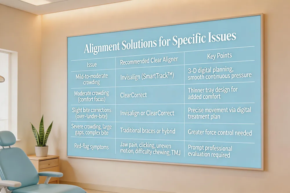 Alignment Solutions for Specific Issues
| Issue | Recommended Clear Aligner | Key Points |
|---|---|---|
| Mild‑to‑moderate crowding | Invisalign (SmartTrack™) | 3‑D digital planning, smooth continuous pressure |
| Moderate crowding with comfort focus | ClearCorrect | Thinner tray design for added comfort |
| Slight bite corrections (over‑/under‑bite) | Invisalign or ClearCorrect | Precise movement via digital treatment plan |
| Severe crowding, large gaps, complex bite | Traditional braces or hybrid approach | Greater force control needed |
| Red‑flag symptoms | Persistent jaw pain, clicking, uneven motion, difficulty chewing, TMJ signs | Prompt professional evaluation required |
| 