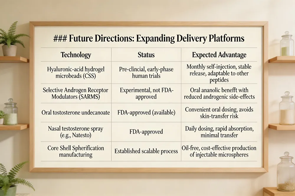 ### Future Directions: Expanding Delivery Platforms
| Technology | Status | Expected Advantage |
|---|---|---|
| Hyaluronic‑acid hydrogel microbeads (CSS) | Pre‑clinical, moving to early‑phase human trials | Monthly self‑injection, stable release, adaptable to other peptides |
| Selective Androgen Receptor Modulators (SARMs) | Experimental, not FDA‑approved | Oral anabolic benefit with reduced androgenic side‑effects |
| Oral testosterone undecanoate | FDA‑approved (available) | Convenient oral dosing, avoids skin‑transfer risk |
| Nasal testosterone spray (e.g., Natesto) | FDA‑approved | Daily dosing, rapid absorption, minimal transfer |
| Core Shell Spherification manufacturing | Established scalable process | Oil‑free, cost‑effective production of injectable microspheres |
| 