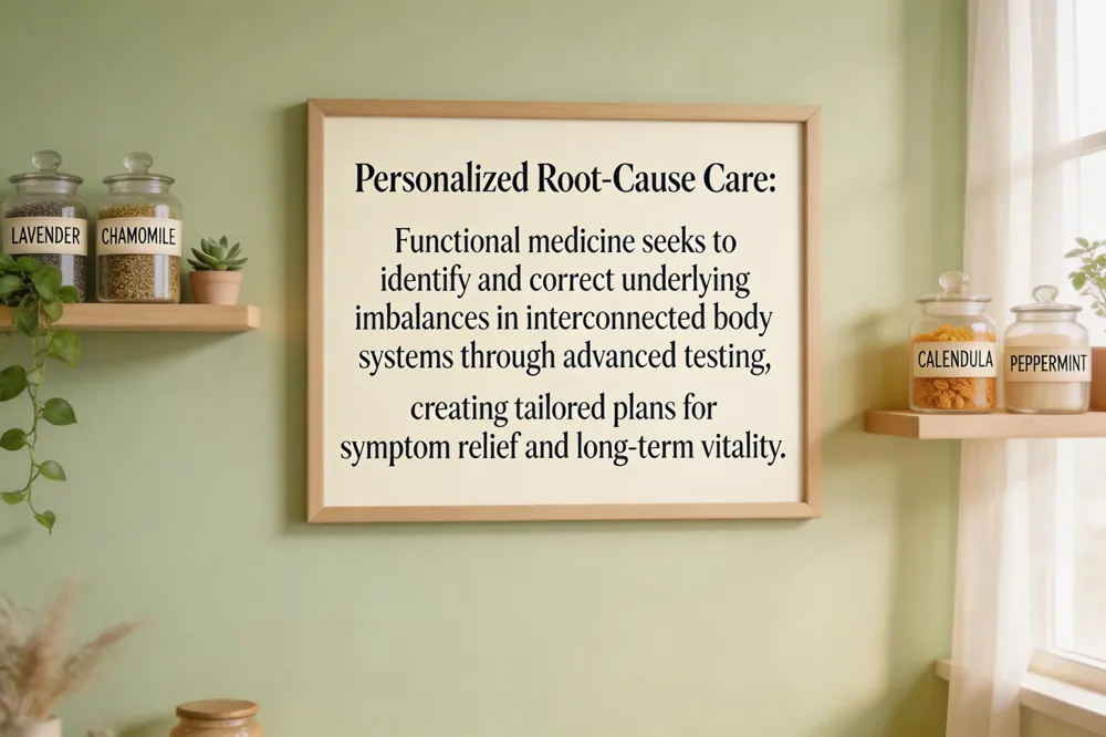 Personalized Root-Cause Care: Functional medicine seeks to identify and correct underlying imbalances in interconnected body systems through advanced testing, creating tailored plans for symptom relief and long-term vitality.