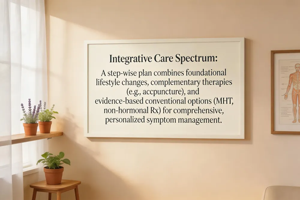 Integrative Care Spectrum: A step-wise plan combines foundational lifestyle changes, complementary therapies (e.g., acupuncture), and evidence-based conventional options (MHT, non-hormonal Rx) for comprehensive, personalized symptom management.