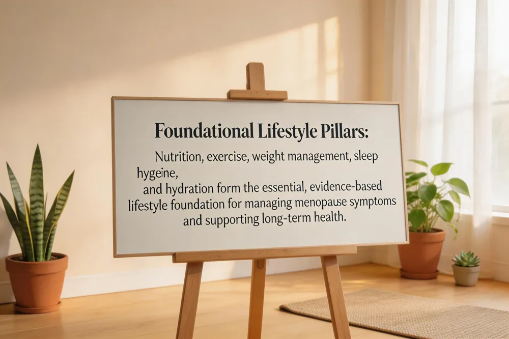 Foundational Lifestyle Pillars: Nutrition, exercise, weight management, sleep hygiene, and hydration form the essential, evidence-based lifestyle foundation for managing menopause symptoms and supporting long-term health.