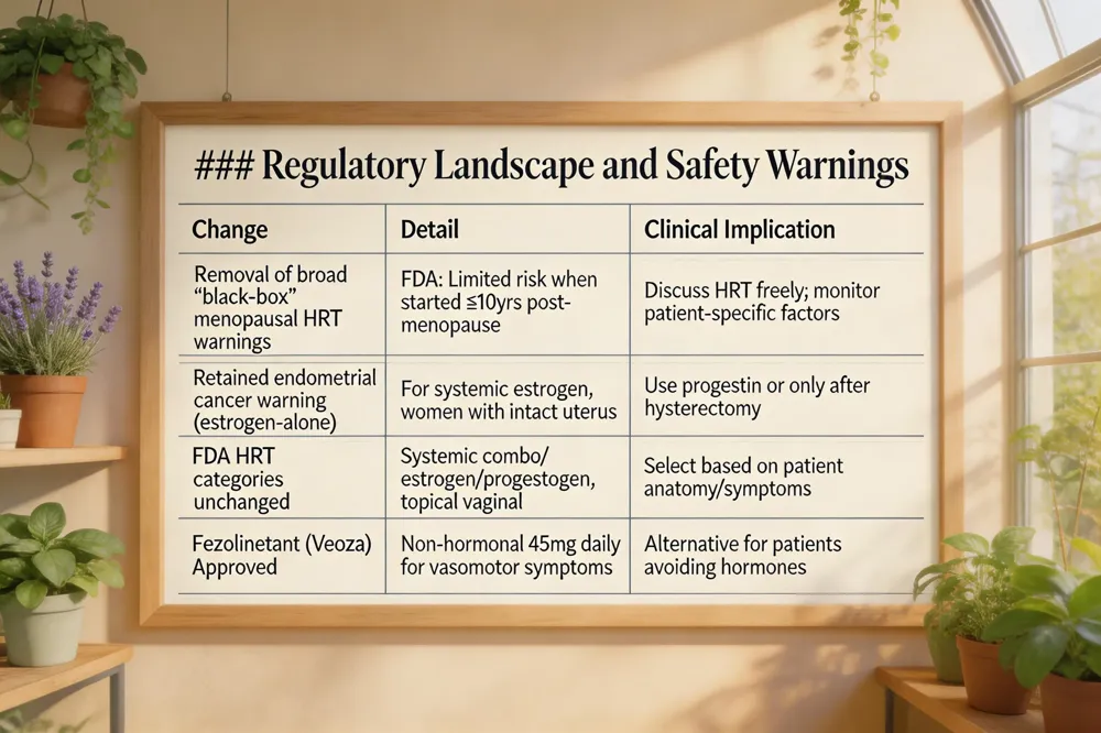 ### Regulatory Landscape and Safety Warnings
| Change | Detail | Clinical Implication |
|---|---|---|
| Removal of broad “black‑box” warnings for menopausal HRT | FDA updated labeling after meta‑analysis showing limited cardiovascular, breast‑cancer, and dementia risk when started ≤10 years post‑menopause | Clinicians can discuss HRT with less fear of severe adverse warnings; still monitor patient‑specific factors |
| Retained boxed warning for endometrial cancer (estrogen‑alone) | Applies only to systemic estrogen‑alone products in women with an intact uterus | Necessitates concurrent progestin or use of estrogen‑alone only after hysterectomy |
| FDA‑approved HRT categories remain unchanged | Systemic combo, systemic estrogen‑alone, systemic progestogen‑alone, topical vaginal estrogen | Guides product selection based on patient anatomy and symptom profile |
| Introduction of Fezolinetant (Veoza) | Non‑hormonal oral NK‑3 antagonist 45 mg daily for vasomotor symptoms | Provides an alternative for patients contraindicated for or who decline hormones |
| 