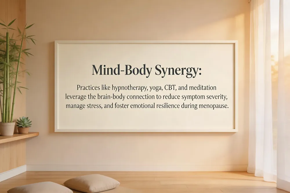 Mind-Body Synergy: Practices like hypnotherapy, yoga, CBT, and meditation leverage the brain-body connection to reduce symptom severity, manage stress, and foster emotional resilience during menopause.