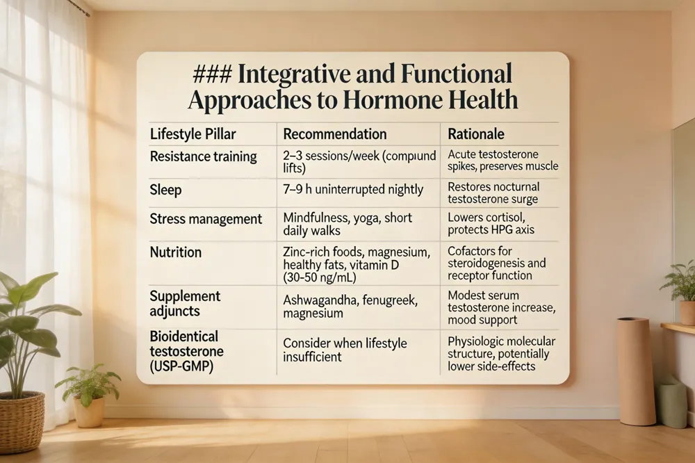 ### Integrative and Functional Approaches to Hormone Health
| Lifestyle Pillar | Recommendation | Rationale |
|---|---|---|
| Resistance training | 2–3 sessions/week (compound lifts) | Acute testosterone spikes, preserves muscle mass |
| Sleep | 7–9 h uninterrupted nightly | Restores nocturnal testosterone surge |
| Stress management | Mindfulness, yoga, short daily walks | Lowers cortisol, protects HPG axis |
| Nutrition | Zinc‑rich foods, magnesium, healthy fats, vitamin D (30‑50 ng/mL) | Cofactors for steroidogenesis and receptor function |
| Supplement adjuncts | Ashwagandha, fenugreek, magnesium | Modest serum testosterone increase, mood support |
| Bioidentical testosterone (USP‑GMP) | Consider when lifestyle insufficient | Physiologic molecular structure, potentially lower side‑effects |
| 
