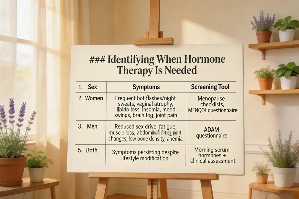 ### Identifying When Hormone Therapy Is Needed
| Sex | Symptoms | Screening Tool |
|---|---|---|
| Women | Frequent intense hot flashes/night sweats, vaginal atrophy, libido loss, insomnia, mood swings, brain fog, joint pain | Menopause symptom checklists, validated questionnaires (e.g., MENQOL) |
| Men | Reduced sex drive, fatigue, loss of muscle mass, increased abdominal fat, mood changes, low bone density, anemia | ADAM questionnaire (Androgen Deficiency in the Aging Male) |
| Both | Symptoms persisting despite lifestyle modification | Morning serum hormone levels (estradiol, testosterone) plus clinical assessment |
| 