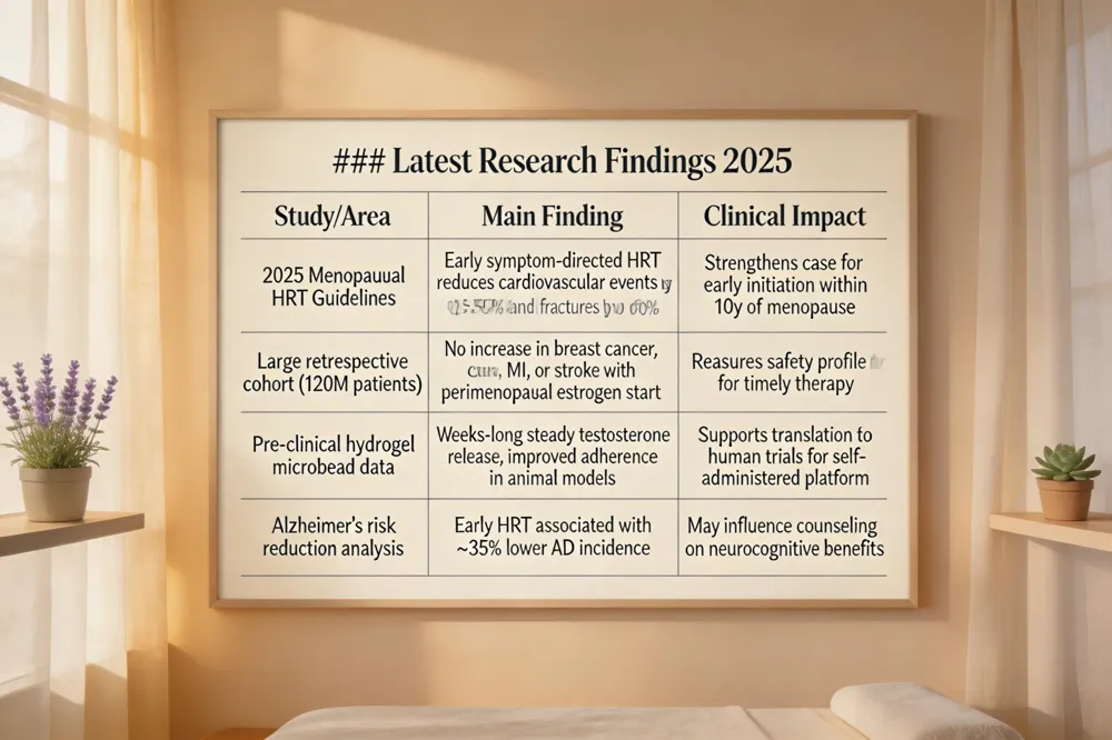 ### Latest Research Findings 2025
| Study/Area | Main Finding | Clinical Impact |
|---|---|---|
| 2025 Menopausal HRT Guidelines | Early symptom‑directed HRT reduces cardiovascular events by 25‑50 % and fractures by up to 60 % | Strengthens case for early initiation within 10 y of menopause |
| Large retrospective cohort (120 M patients) | No increase in breast cancer, MI, or stroke with perimenopausal estrogen start | Reassures safety profile for timely therapy |
| Pre‑clinical hydrogel microbead data | Weeks‑long steady testosterone release, improved adherence in animal models | Supports translation to human trials for self‑administered platform |
| Alzheimer’s risk reduction analysis | Early HRT associated with ~35 % lower AD incidence | May influence counseling on neurocognitive benefits |
| 