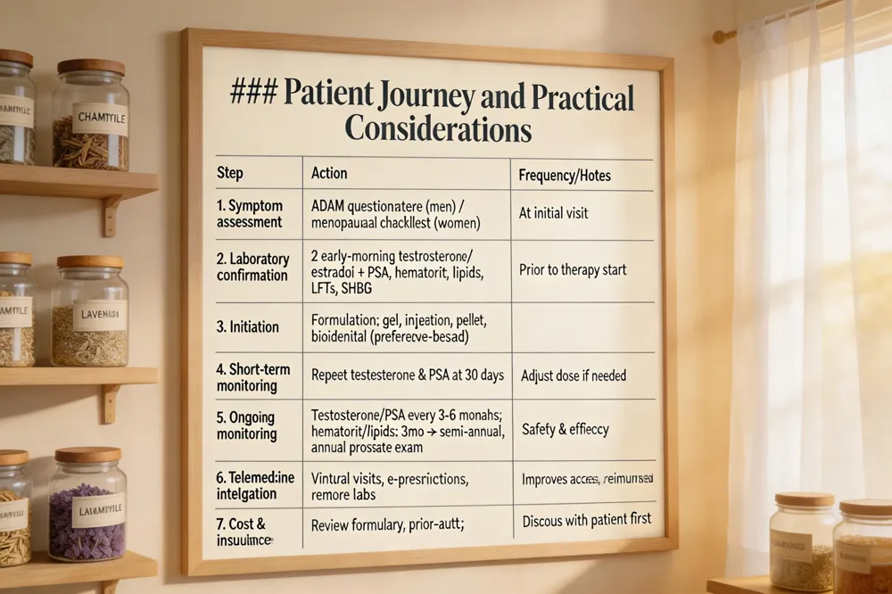 ### Patient Journey and Practical Considerations
| Step | Action | Frequency/Notes |
|---|---|---|
| 1. Symptom assessment | ADAM questionnaire (men) or menopausal checklist (women) | At initial visit |
| 2. Laboratory confirmation | Two early‑morning testosterone (or estradiol) levels + baseline PSA, hematocrit, lipids, LFTs, SHBG | Prior to therapy start |
| 3. Initiation | Choose formulation (gel, injection, pellet, bioidentical) based on preference, | |
| 5. Ongoing monitoring | Testosterone, PSA every 3–6 months; hematocrit & lipids at 3 months then semi‑annually; annual prostate exam | Ensures safety and efficacy |
| 6. Telemedicine integration | Virtual visits, e‑prescriptions, remote lab orders | Improves access, often reimbursed |
| 7. Cost & insurance | Review formulary, prior‑authorisation for compounded meds; consider out‑of‑pocket for pellets | Discuss with patient before prescribing |
| 