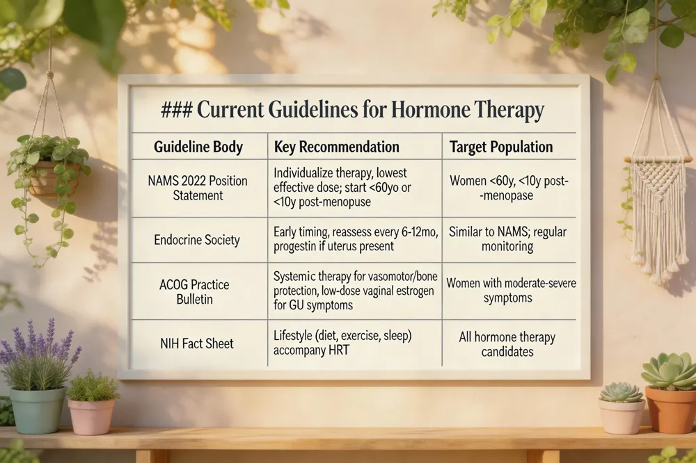 ### Current Guidelines for Hormone Therapy
| Guideline Body | Key Recommendation | Target Population |
|---|---|---|
| NAMS 2022 Position Statement | Individualize therapy, lowest effective dose, shortest duration; start before age 60 or within 10 years of menopause | Women < 60 y, < 10 y post‑menopause |
| Endocrine Society | Early timing, reassess every 6–12 months, progestin required if uterus present | Similar to NAMS; emphasizes regular monitoring |
| ACOG Practice Bulletin | Systemic therapy for vasomotor and bone protection; low‑dose vaginal estrogen for genitourinary symptoms | Women with moderate‑to‑severe symptoms |
| NIH Fact Sheet | Lifestyle measures should accompany HRT (diet, exercise, sleep) | All candidates for hormone therapy |
| 