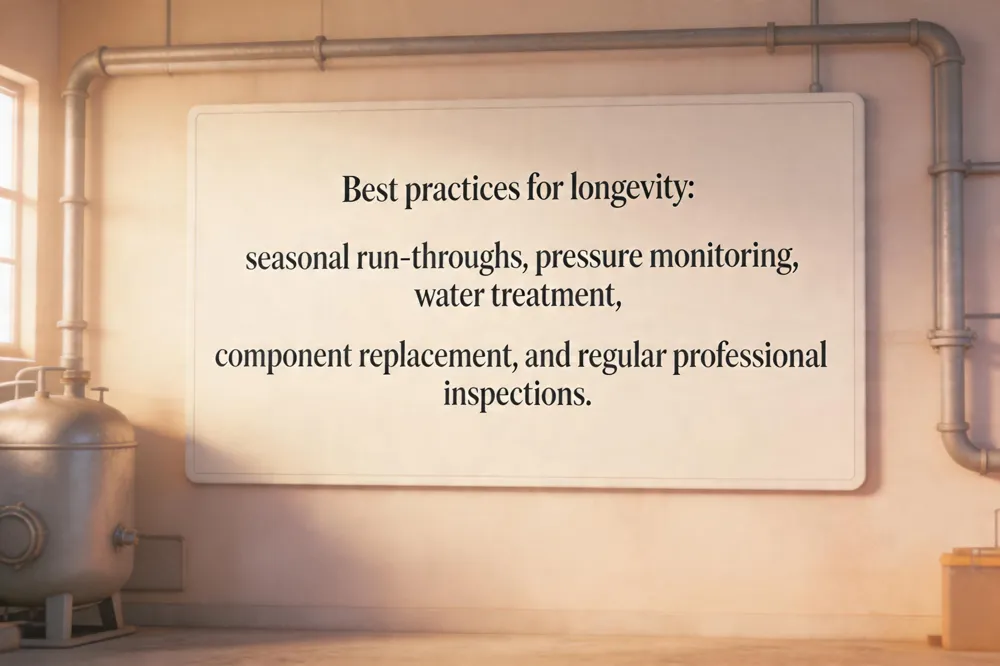Best practices for longevity: seasonal run‑throughs, pressure monitoring, water treatment, component replacement, and regular professional inspections.
