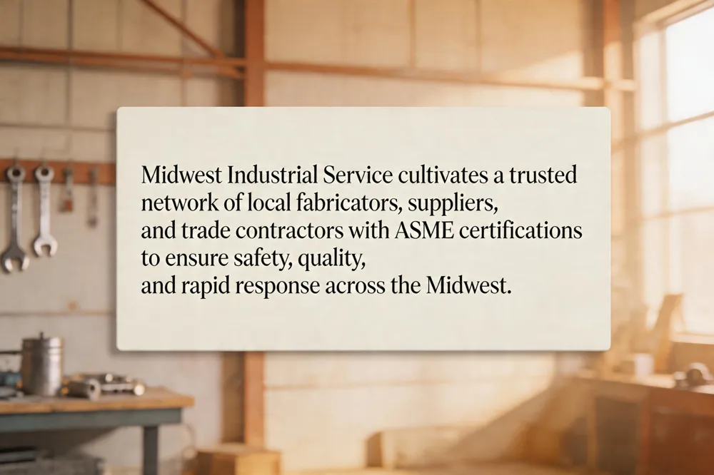 Midwest Industrial Service cultivates a trusted network of local fabricators, suppliers, and trade contractors with ASME certifications to ensure safety, quality, and rapid response across the Midwest.