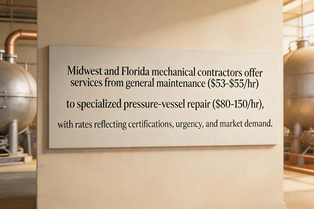 Midwest and Florida mechanical contractors offer services from general maintenance ($53‑$55/hr) to specialized pressure‑vessel repair ($80‑$150/hr), with rates reflecting certifications, urgency, and market demand.