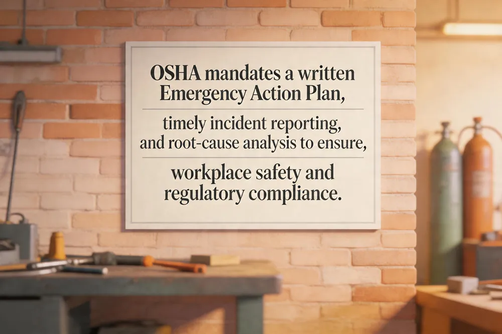 OSHA mandates a written Emergency Action Plan, timely incident reporting, and root‑cause analysis to ensure workplace safety and regulatory compliance.