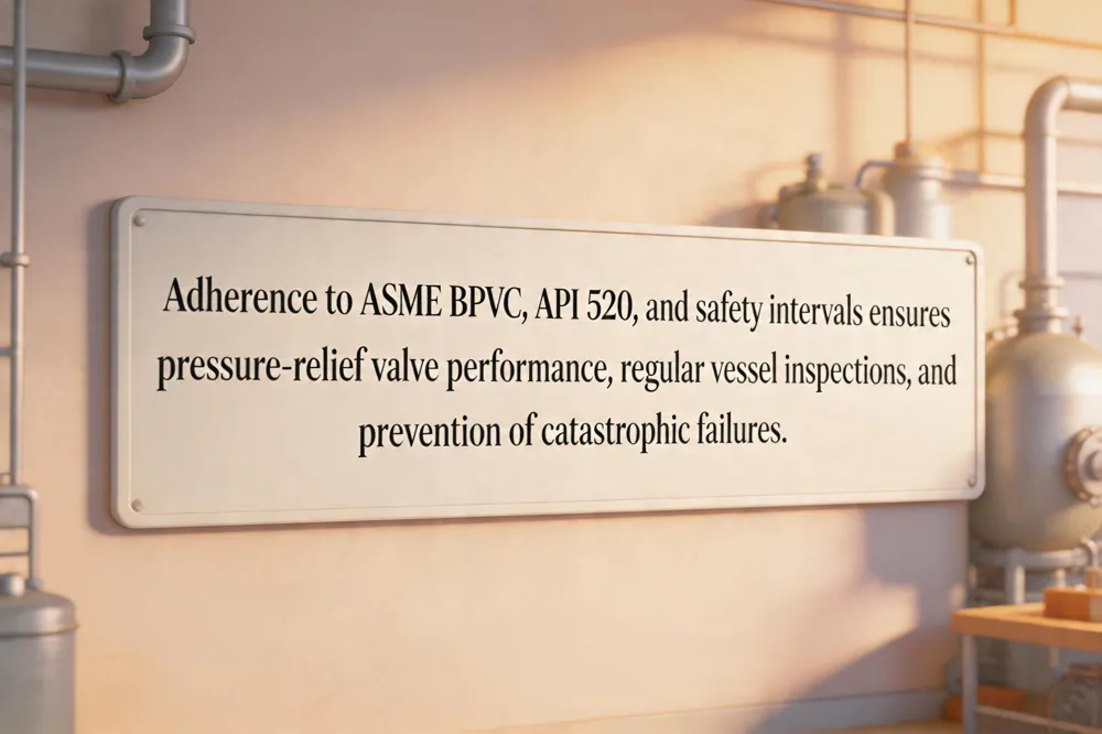 Adherence to ASME BPVC, API 520, and safety intervals ensures pressure‑relief valve performance, regular vessel inspections, and prevention of catastrophic failures.