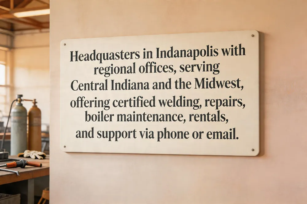 Headquarters in Indianapolis with regional offices, serving Central Indiana and the Midwest, offering certified welding, repairs, boiler maintenance, rentals, and support via phone or email.