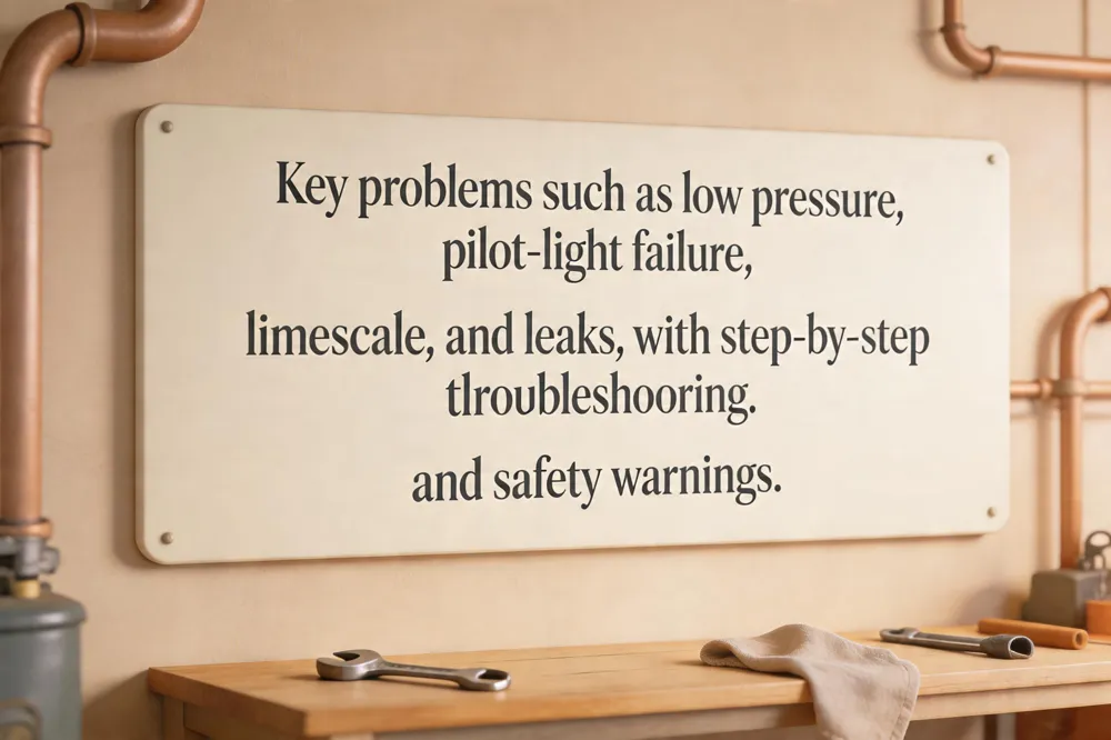 Key problems such as low pressure, pilot‑light failure, limescale, and leaks, with step‑by‑step troubleshooting and safety warnings.