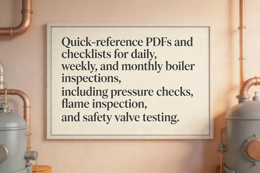 Quick‑reference PDFs and checklists for daily, weekly, and monthly boiler inspections, including pressure checks, flame inspection, and safety valve testing.