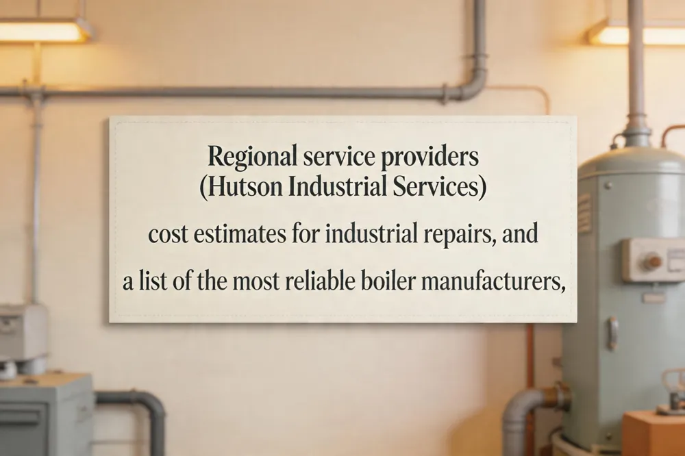 Regional service providers (Hutson Industrial Services), cost estimates for industrial repairs, and a list of the most reliable boiler manufacturers.