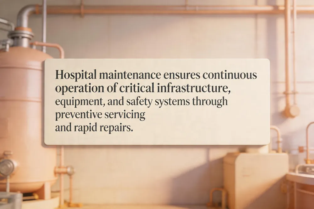 Hospital maintenance ensures continuous operation of critical infrastructure, equipment, and safety systems through preventive servicing and rapid repairs.