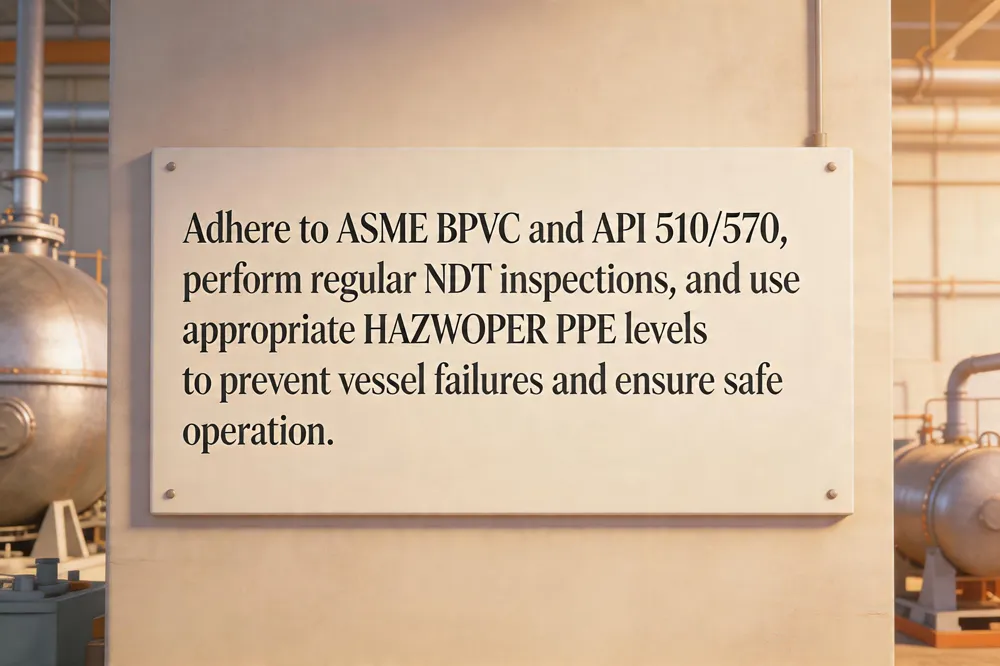 Adhere to ASME BPVC and API 510/570, perform regular NDT inspections, and use appropriate HAZWOPER PPE levels to prevent vessel failures and ensure safe operation.