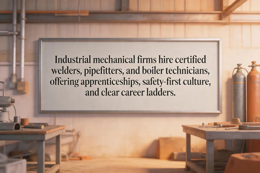 Industrial mechanical firms hire certified welders, pipefitters, and boiler technicians, offering apprenticeships, safety‑first culture, and clear career ladders.