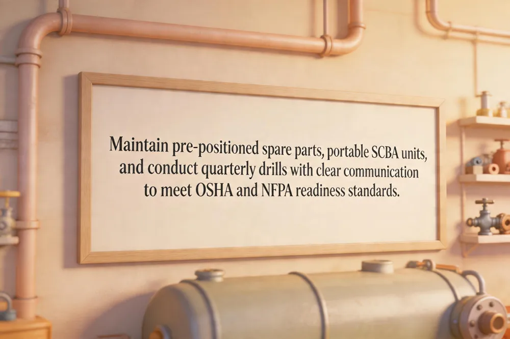 Maintain pre‑positioned spare parts, portable SCBA units, and conduct quarterly drills with clear communication to meet OSHA and NFPA readiness standards.