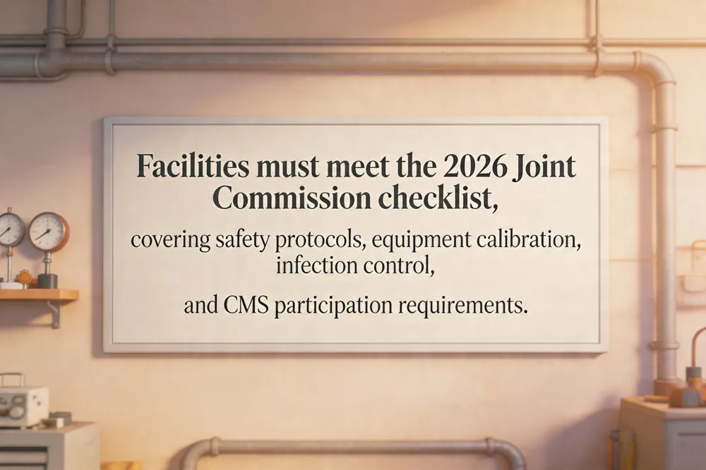 Facilities must meet the 2026 Joint Commission checklist, covering safety protocols, equipment calibration, infection control, and CMS participation requirements.