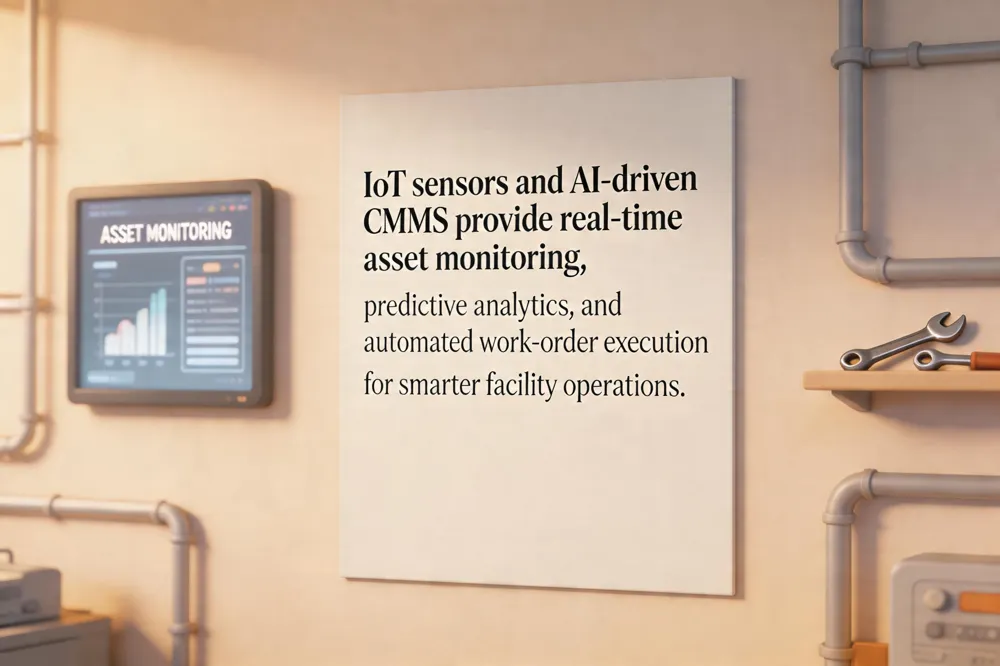 IoT sensors and AI‑driven CMMS provide real‑time asset monitoring, predictive analytics, and automated work‑order execution for smarter facility operations.