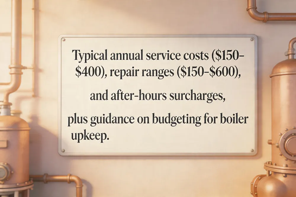Typical annual service costs ($150‑$400), repair ranges ($150‑$600), and after‑hours surcharges, plus guidance on budgeting for boiler upkeep.