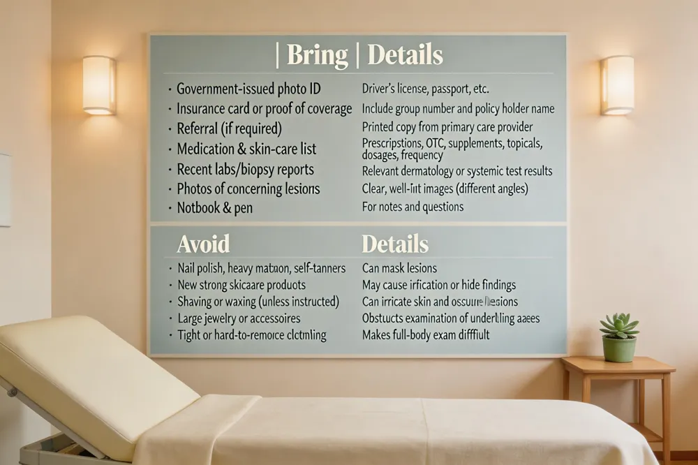 | Bring | Details | |---|---| | Government‑issued photo ID | Driver’s license, passport, etc. | | Insurance card or proof of coverage | Include group number and policy holder name | | Referral (if required) | Printed copy from primary care provider | | Medication & skin‑care list | Include prescriptions, OTC, supplements, topicals, dosages, frequency | | Recent labs/biopsy reports | Any relevant dermatology or systemic test results | | Photos of concerning lesions | Clear, well‑lit images from different angles | | Notebook & pen | For notes and questions |
| Avoid | Details |
|---|---|
| Nail polish, heavy makeup, self‑tanners | Can mask lesions |
| New strong skincare products | May cause irritation or hide findings |
| Shaving or waxing (unless instructed) | Can irritate skin and obscure lesions |
| Large jewelry or accessories | Obstructs examination of underlying areas |
| Tight or hard‑to‑remove clothing | Makes full‑body exam difficult |
| 