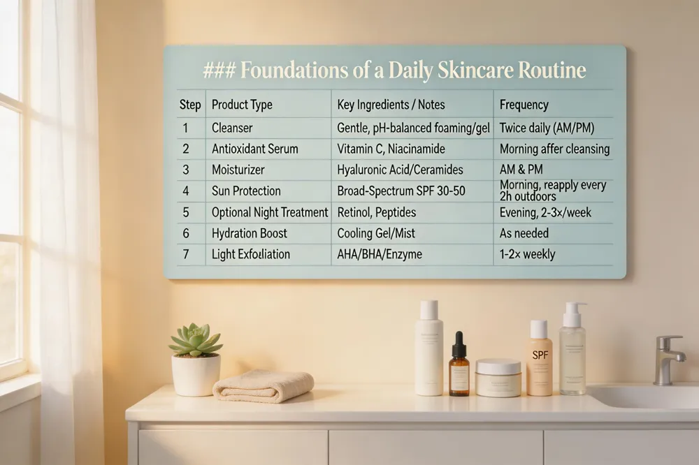 ### Foundations of a Daily Skincare Routine
| Step | Product Type | Key Ingredients / Notes | Frequency |
|---|---|---|---|
| 1 | Cleanser | Gentle, pH‑balanced foaming or gel cleanser | Twice daily (morning & night) |
| 2 | Antioxidant / Active Serum | Vitamin C, Niacinamide, or similar | Morning after cleansing |
| 3 | Moisturizer | Hyaluronic‑acid or ceramide‑rich formula | Morning & night |
| 4 | Sun Protection | Broad‑spectrum SPF 30‑50 (tinted optional) | Morning, reapply every 2 h outdoors |
| 5 | Optional Night Treatment | Retinol, peptide, or richer night cream | Evening, 2‑3 × /week for retinol |
| 6 | Hydration Boost | Cooling gel moisturizer (store in fridge) or mist | As needed during day |
| 7 | Light Exfoliation | Enzyme or mild acid (AHA/BHA) | 1‑2 × weekly |
| 