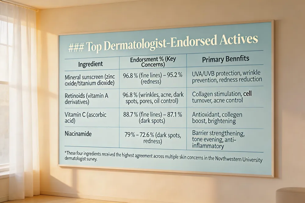 ### Top Dermatologist‑Endorsed Actives
| Ingredient | Endorsement % (Key Concerns) | Primary Benefits |
|---|---|---|
| Mineral sunscreen (zinc oxide/titanium dioxide) | 96.8 % (fine lines) – 95.2 % (redness) | UVA/UVB protection, wrinkle prevention, redness reduction |
| Retinoids (vitamin A derivatives) | 96.8 % (wrinkles, acne, dark spots, pores, oil control) | Collagen stimulation, cell turnover, acne control |
| Vitamin C (ascorbic acid) | 88.7 % (fine lines) – 87.1 % (dark spots) | Antioxidant, collagen boost, brightening |
| Niacinamide | 79 % – 72.6 % (dark spots, redness) | Barrier strengthening, tone evening, anti‑inflammatory |
These four ingredients received the highest agreement across multiple skin concerns in the Northwestern University dermatologist survey.