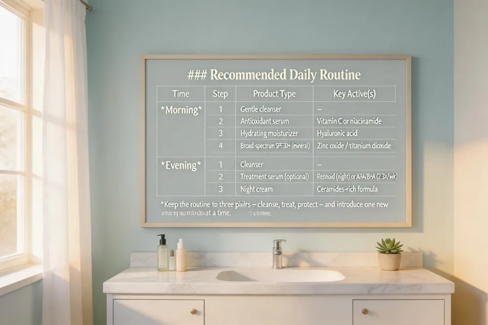 ### Recommended Daily Routine (Markdown)
| Time | Step | Product Type | Key Active(s) |
|---|---|---|---|
| Morning | 1 | Gentle cleanser | – |
| 2 | Antioxidant serum | Vitamin C or niacinamide | |
| 3 | Hydrating moisturizer | Hyaluronic acid | |
| 4 | Broad‑spectrum SPF 30+ (mineral) | Zinc oxide / titanium dioxide | |
| Evening | 1 | Cleanser | – |
| 2 | Treatment serum (optional) | Retinoid (night) or AHA/BHA (2‑3×/wk) | |
| 3 | Night cream | Ceramides‑rich formula |
Keep the routine to three pillars – cleanse, treat, protect – and introduce one new product at a time.