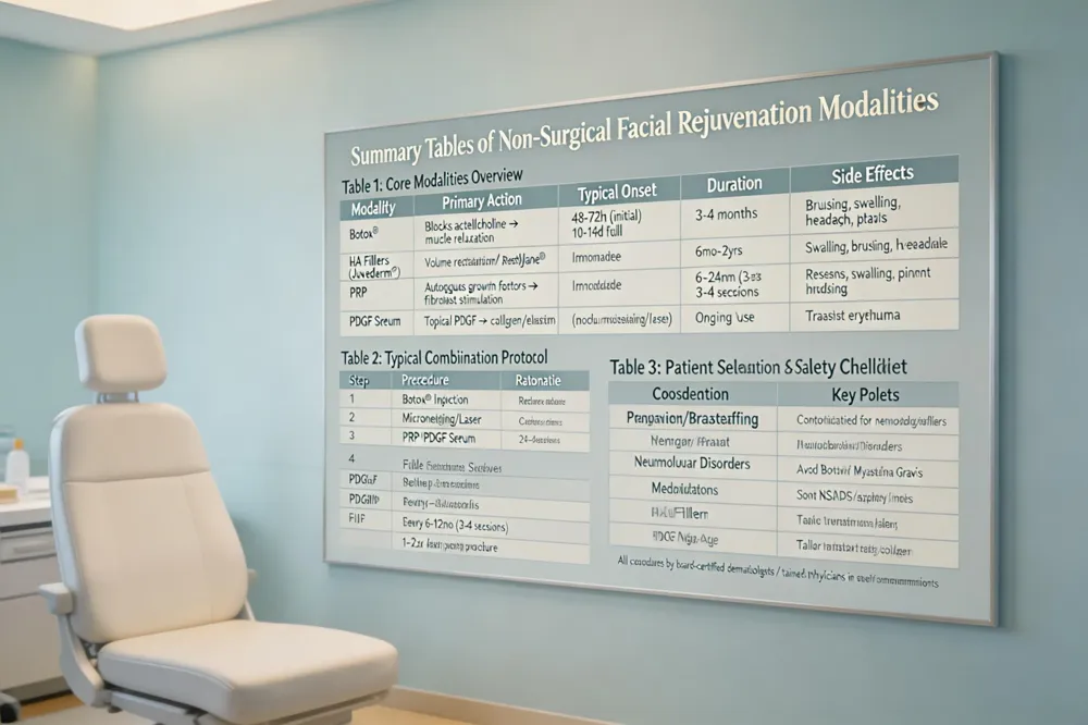 Summary Tables of Non‑Surgical Facial Rejuvenation Modalities
Table 1: Core Modalities Overview
| Modality | Primary Action | Typical Onset | Duration of Effect | Common Side Effects |
|---|---|---|---|---|
| Botox® (onabotulinumtoxinA) and Neuromodulator – blocks acetylcholine release → muscle relaxation | 48–72 h (initial) – full effect 10–14 d | 3–4 months | Bruising, swelling, headache, transient eyelid ptosis | |
| Hyaluronic‑Acid Fillers (e.g., Juvederm®, Restylane®) | Volume restoration – collagen scaffold | Immediate (post‑injection) | 6 months – 2 years (product‑dependent) | Swelling, bruising, rare nodules; reversible with hyaluronidase |
| Platelet‑Rich Plasma (PRP) | Autologous growth‑factor delivery → fibroblast stimulation | Immediate post‑microneedling | 6–24 months (requires 3–4 sessions) | Mild redness, swelling, pinpoint bruising |
| Engineered PDGF Serum | Topical recombinant PDGF → collagen & elastin synthesis | Immediate (post‑microneedling/laser) | Ongoing with regular use (months) | Minimal; possible transient erythema |
Table 2: Typical Combination Protocol
| Step | Procedure | Rationale |
|---|---|---|
| 1 | Botox® injection | Reduce dynamic wrinkles before any skin‑surface work |
| 2 | Microneedling (or laser resurfacing) | Create micro‑channels for enhanced delivery of subsequent agents |
| 3 | PRP or Engineered PDGF Serum application | Boost collagen remodeling and improve texture |
| 4 | Hyaluronic‑Acid filler placement | Restore lost volume and smooth static lines |
Table 3: Patient Selection & Safety Checklist
| Consideration | Key Points |
|---|---|
| Pregnancy / Breastfeeding | Contraindicated for neuromodulators and fillers |
| Neuromuscular Disorders | Avoid botulinum toxin if disease such as Myasthenia Gravis |
| Medications | Discontinue NSAIDs, aspirin, anticoagulants 24–48 h before injections to reduce bruising |
| Blood‑borne Infections | Exclude for PRP (active infections, anemia, anticoagulation) |
| Skin Type & Age | Tailor filler volume and PRP/PDGF frequency based on skin laxity and collagen baseline |
Table 4: Maintenance Schedule Overview
| Modality | Maintenance Interval |
|---|---|
| Botox® | Every 3–4 months |
| Fillers | Touch‑up as needed (typically 6 months – 2 years) |
| PRP | Every 6–12 months (3–4 sessions per course) |
| PDGF Serum | Apply 1–2 times weekly or per protocol after microneedling/laser |
All procedures should be performed by board‑certified dermatologists or trained aesthetic physicians in a sterile environment.