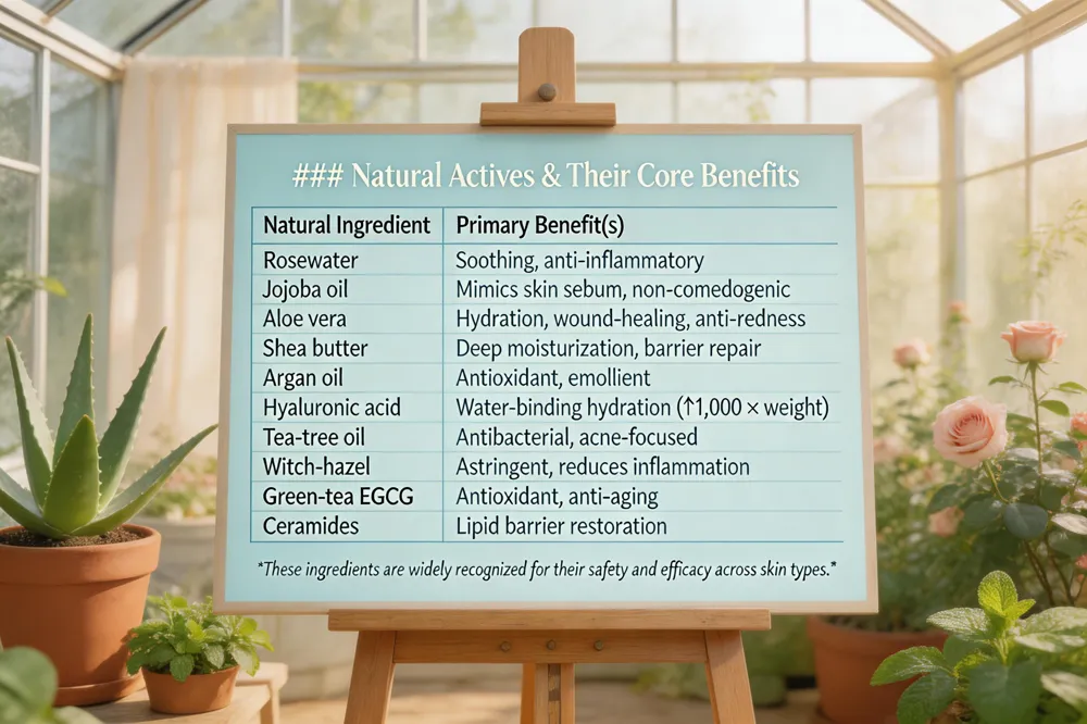 ### Natural Actives & Their Core Benefits
| Natural Ingredient | Primary Benefit(s) |
|---|---|
| Rosewater | Soothing, anti‑inflammatory |
| Jojoba oil | Mimics skin sebum, non‑comedogenic |
| Aloe vera | Hydration, wound‑healing, anti‑redness |
| Shea butter | Deep moisturization, barrier repair |
| Argan oil | Antioxidant, emollient |
| Hyaluronic acid | Water‑binding hydration (↑1,000 × weight) |
| Tea‑tree oil | Antibacterial, acne‑focused |
| Witch‑hazel | Astringent, reduces inflammation |
| Green‑tea EGCG | Antioxidant, anti‑aging |
| Ceramides | Lipid barrier restoration |
These ingredients are widely recognized for their safety and efficacy across skin types.