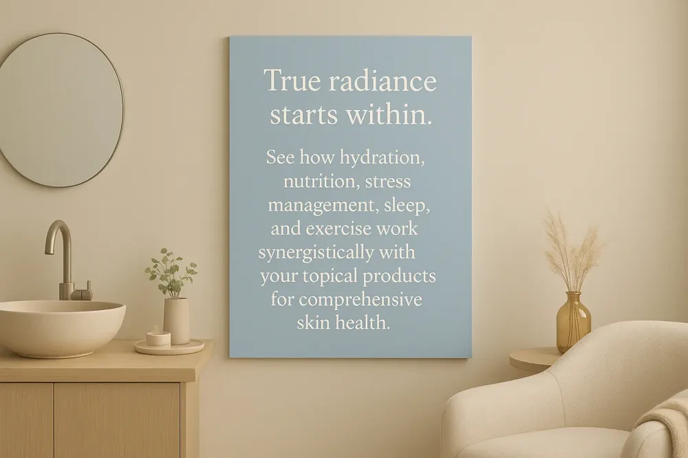 True radiance starts within. See how hydration, nutrition, stress management, sleep, and exercise work synergistically with your topical products for comprehensive skin health.