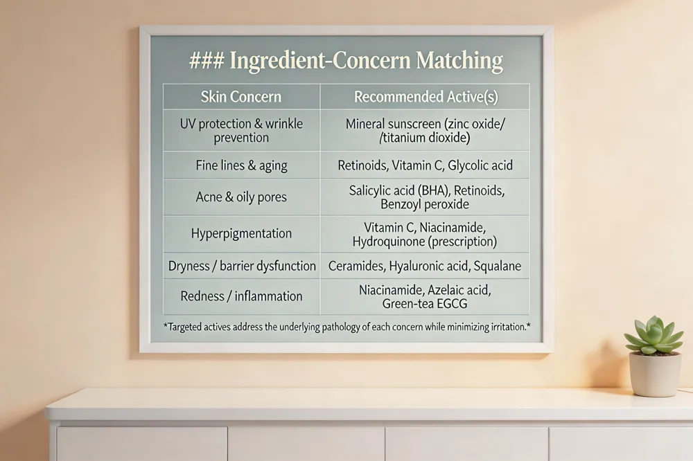 ### Ingredient‑Concern Matching
| Skin Concern | Recommended Active(s) |
|---|---|
| UV protection & wrinkle prevention | Mineral sunscreen (zinc oxide/titanium dioxide) |
| Fine lines & aging | Retinoids, Vitamin C, Glycolic acid |
| Acne & oily pores | Salicylic acid (BHA), Retinoids, Benzoyl peroxide |
| Hyperpigmentation | Vitamin C, Niacinamide, Hydroquinone (prescription) |
| Dryness / barrier dysfunction | Ceramides, Hyaluronic acid, Squalane |
| Redness / inflammation | Niacinamide, Azelaic acid, Green‑tea EGCG |
Targeted actives address the underlying pathology of each concern while minimizing irritation.